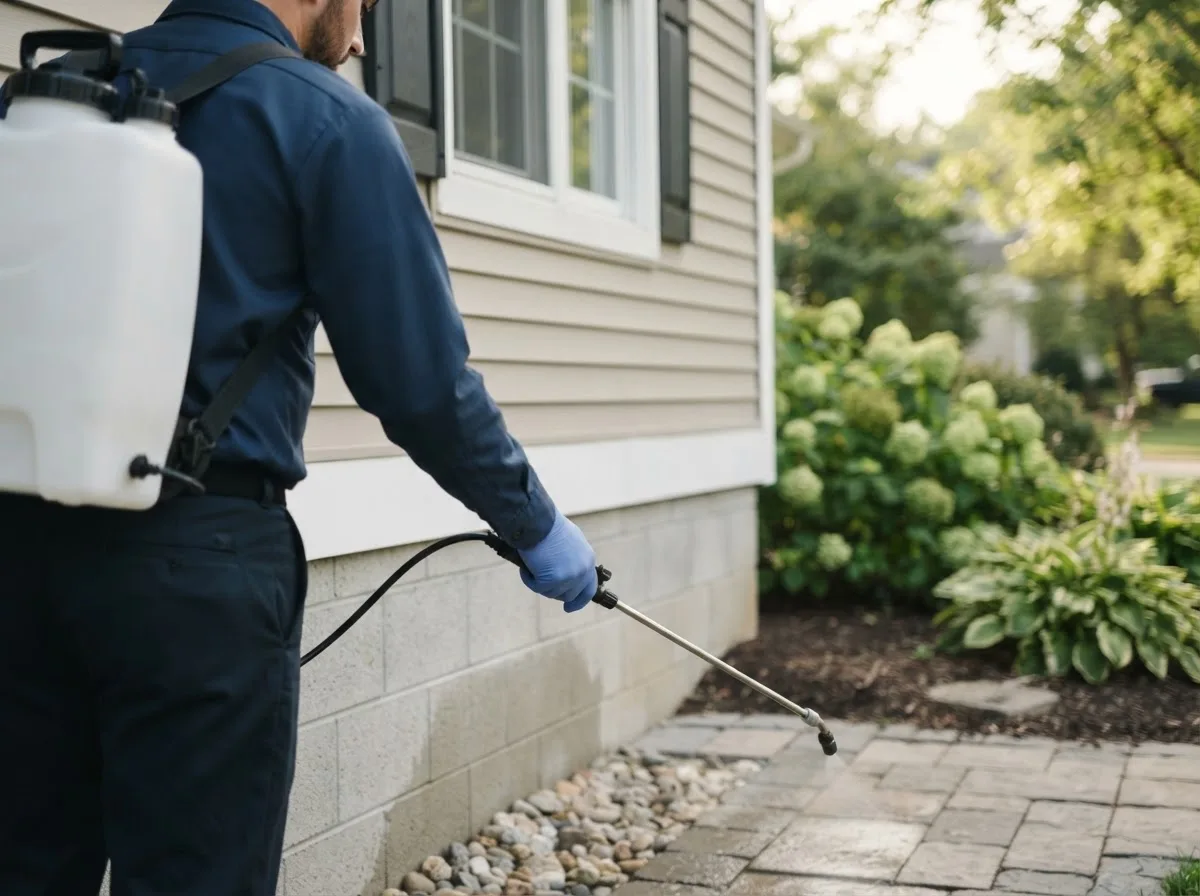 Pest control technician inspecting a home in Hamilton, MI